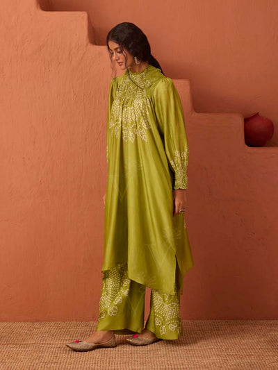 Olive Green Asymmetric Bandhani Printed Kaftan Set
