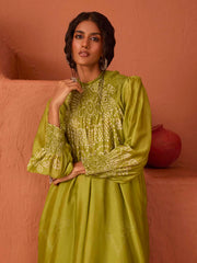 Olive Green Asymmetric Bandhani Printed Kaftan Set