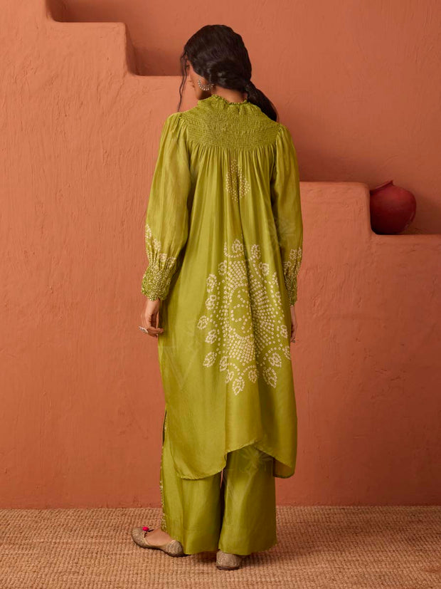 Olive Green Asymmetric Bandhani Printed Kaftan Set