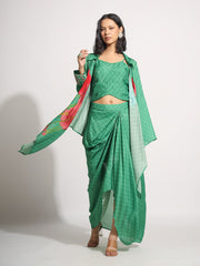 Green Floral Printed Vasansi Silk Drape Skirt set