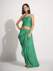 Green Floral Printed Vasansi Silk Drape Skirt set