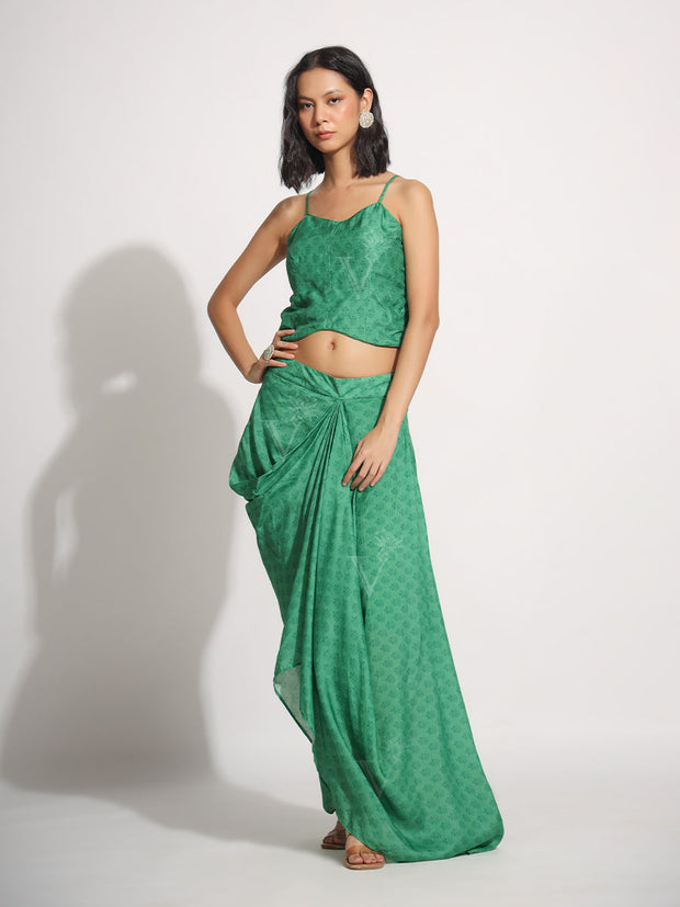 Green Floral Printed Vasansi Silk Drape Skirt set