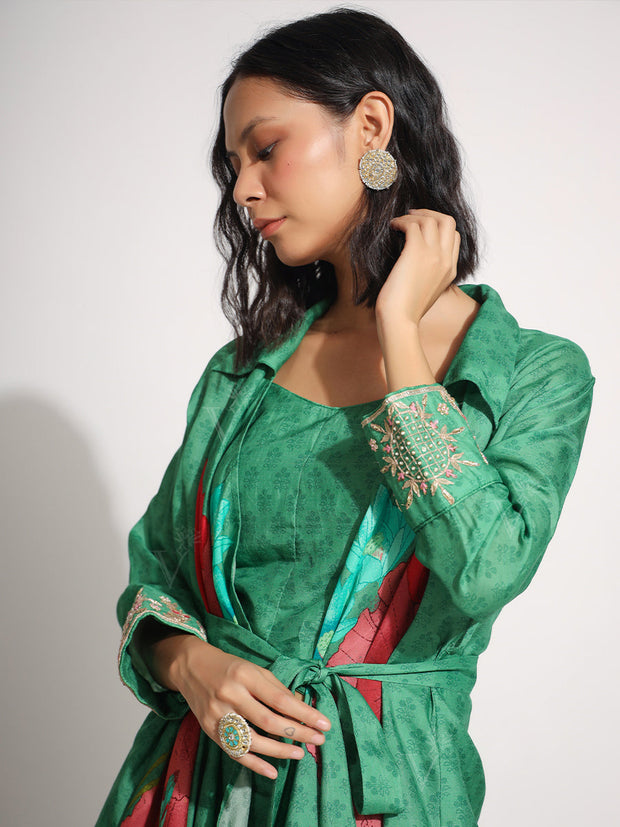 Green Floral Printed Vasansi Silk Drape Skirt set