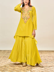 Yellow Embroidered Crepe Asymmetric Tunic and Palazzo Set