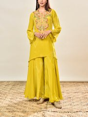 Yellow Embroidered Crepe Asymmetric Tunic and Palazzo Set