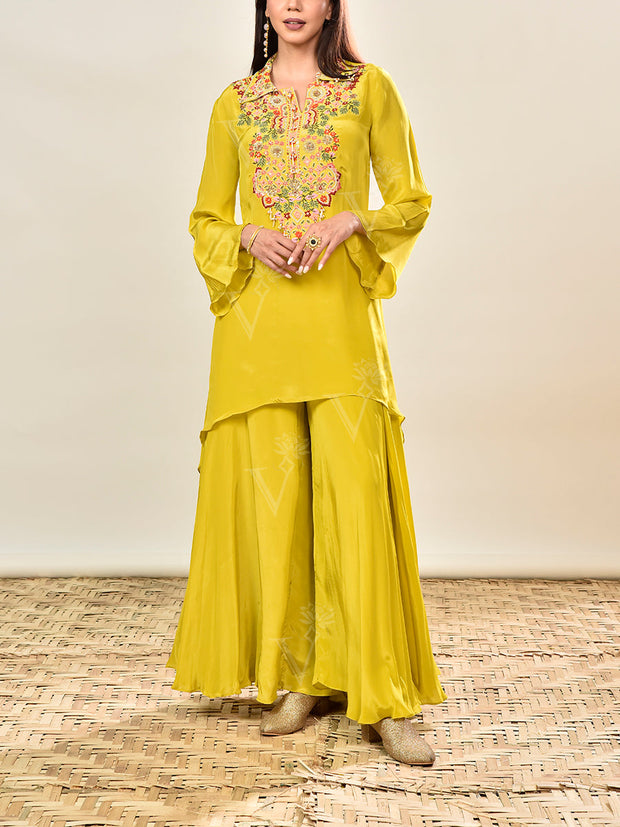 Yellow Embroidered Crepe Asymmetric Tunic and Palazzo Set