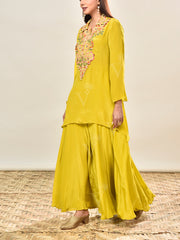 Yellow Embroidered Crepe Asymmetric Tunic and Palazzo Set