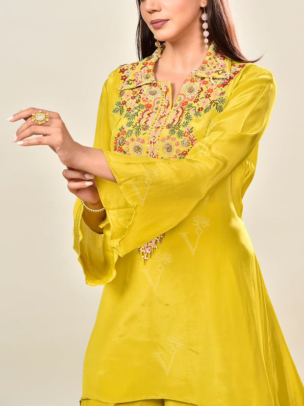 Yellow Embroidered Crepe Asymmetric Tunic and Palazzo Set