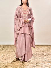Dust Pink Embroidered Kaftan and Drape Skirt Set