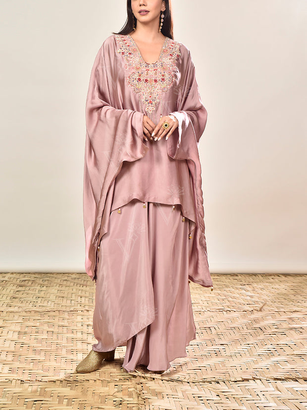 Dust Pink Embroidered Kaftan and Drape Skirt Set