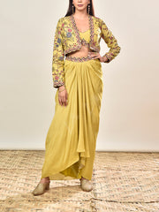 Yellow Embroidered Jacket and Drape Skirt Set