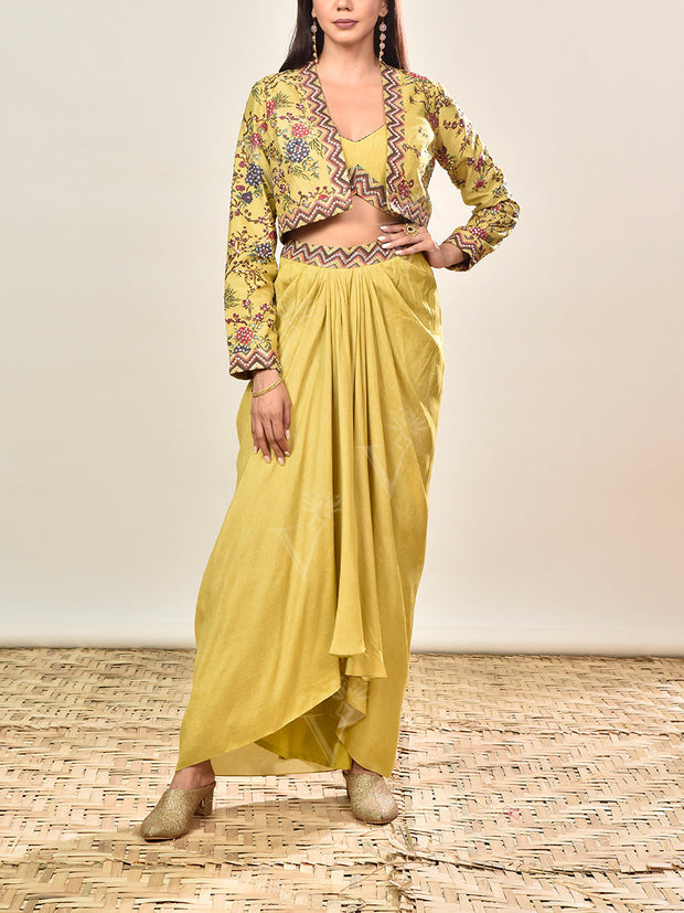 Yellow Embroidered Jacket and Drape Skirt Set