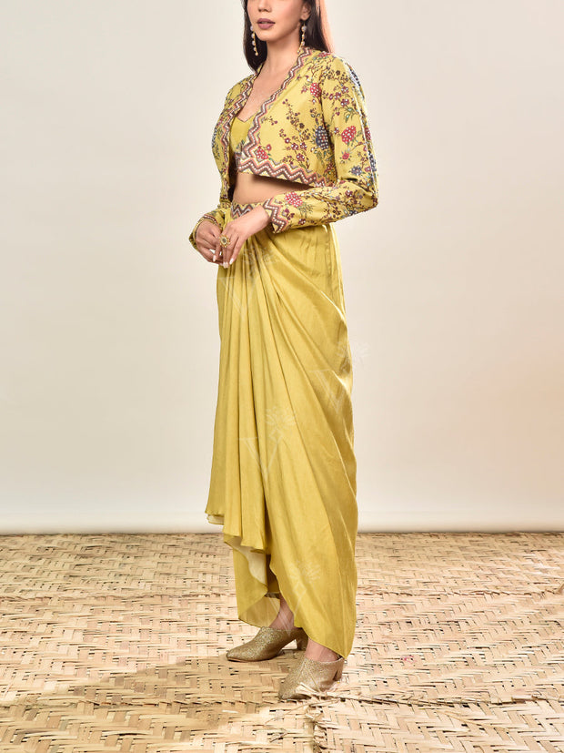 Yellow Embroidered Jacket and Drape Skirt Set