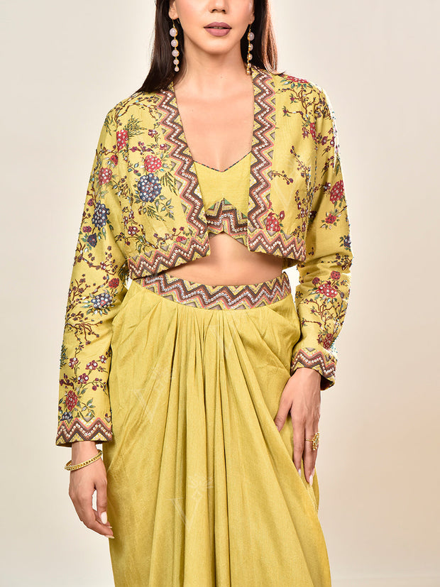 Yellow Embroidered Jacket and Drape Skirt Set