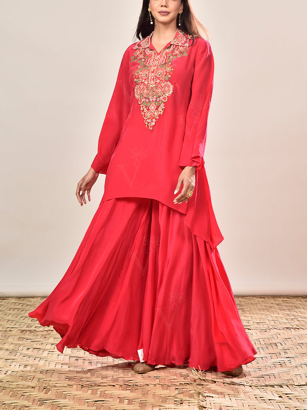 Pink Embroidered Asymmetric Tunic and Palazzo Set