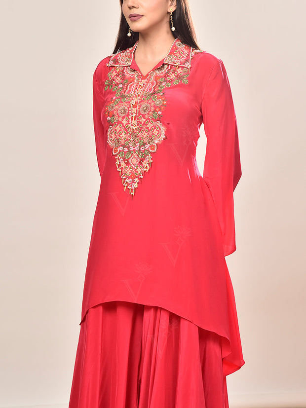 Pink Embroidered Asymmetric Tunic and Palazzo Set