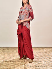 Maroon Silk Embroidered Jacket and Drape Skirt Set