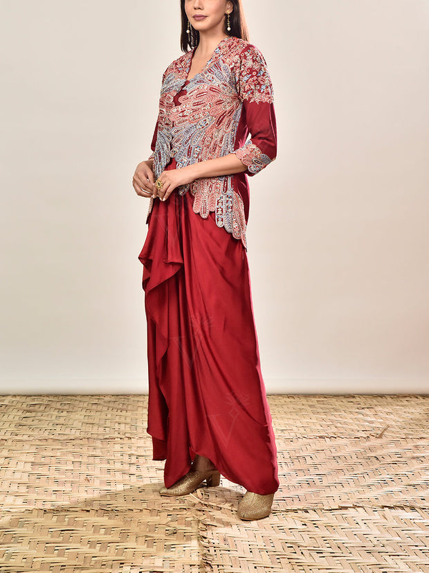 Maroon Silk Embroidered Jacket and Drape Skirt Set
