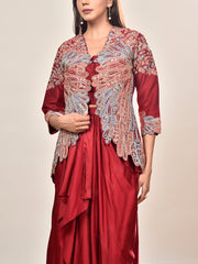 Maroon Silk Embroidered Jacket and Drape Skirt Set