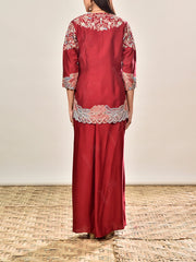 Maroon Silk Embroidered Jacket and Drape Skirt Set