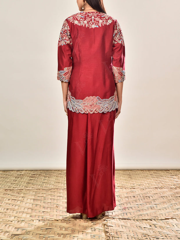 Maroon Silk Embroidered Jacket and Drape Skirt Set