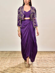 Violet Silk Embroidered Jacket and Drape Skirt Set