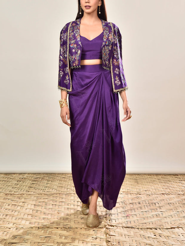 Violet Silk Embroidered Jacket and Drape Skirt Set