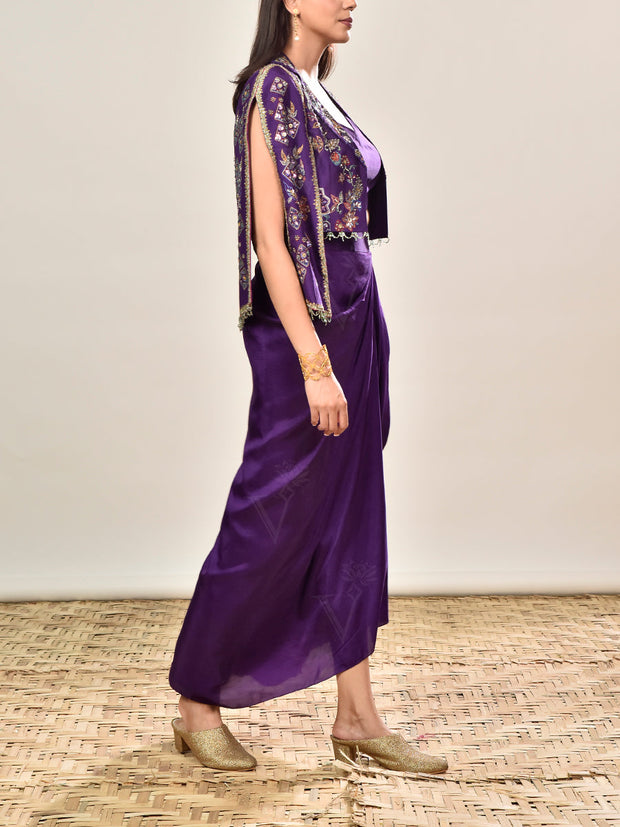 Violet Silk Embroidered Jacket and Drape Skirt Set