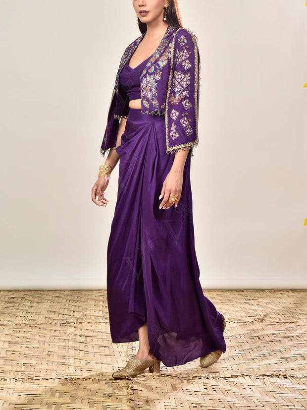 Violet Silk Embroidered Jacket and Drape Skirt Set