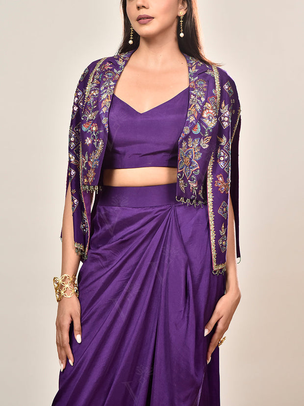 Violet Silk Embroidered Jacket and Drape Skirt Set