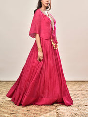 Pink Tissue Embroidered Crop top and Skirt Set