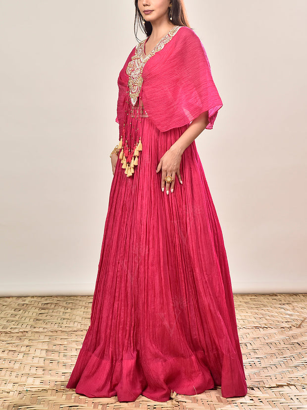 Pink Tissue Embroidered Crop top and Skirt Set
