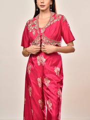Pink Banarasi Silk Embroidered Jacket and Pant Set