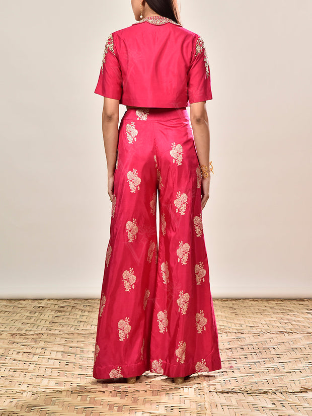 Pink Banarasi Silk Embroidered Jacket and Pant Set