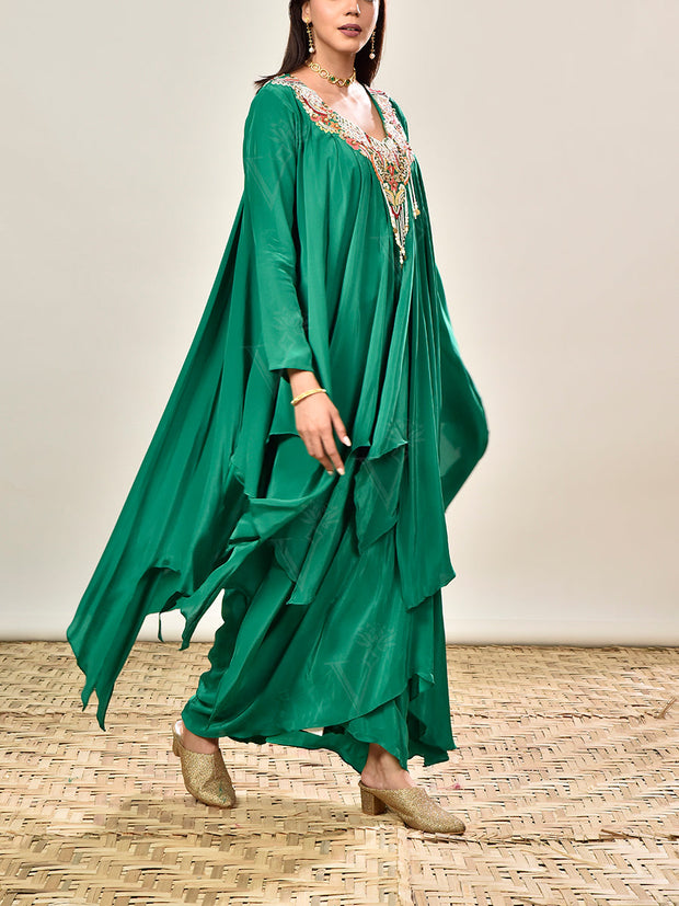 Green Crepe Embroidered Asymmetric Tunic and Drape Skirt Set