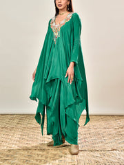 Green Crepe Embroidered Asymmetric Tunic and Drape Skirt Set