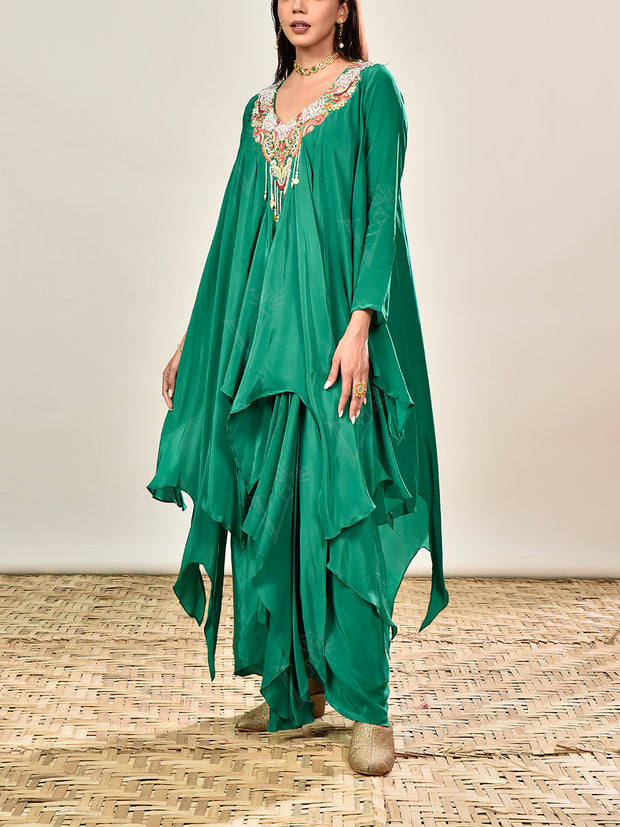 Green Crepe Embroidered Asymmetric Tunic and Drape Skirt Set