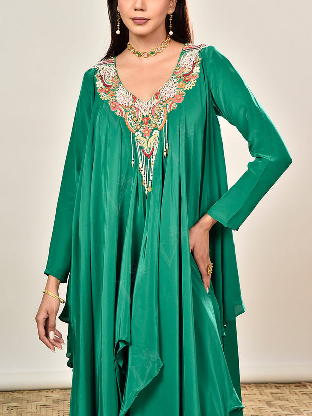 Green Crepe Embroidered Asymmetric Tunic and Drape Skirt Set