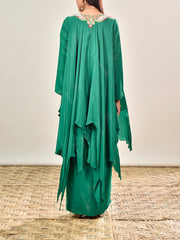 Green Crepe Embroidered Asymmetric Tunic and Drape Skirt Set