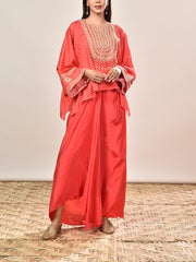 Red Orange Silk Embroidered Short Kaftan and Drape Skirt Set