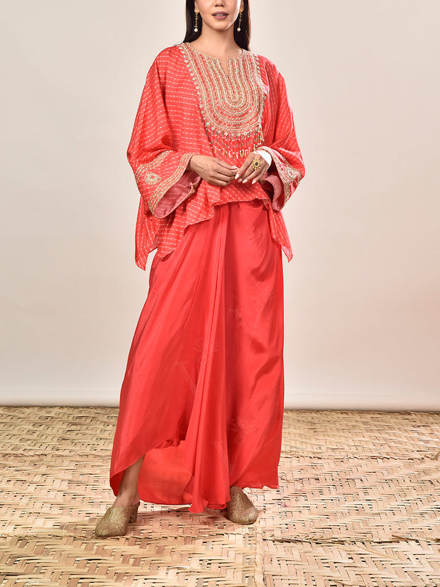 Red Orange Silk Embroidered Short Kaftan and Drape Skirt Set