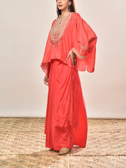 Red Orange Silk Embroidered Short Kaftan and Drape Skirt Set