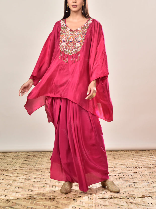 Pink Crepe Embroidered Kaftan and Drape Skirt Set