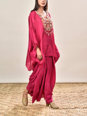 Pink Crepe Embroidered Kaftan and Drape Skirt Set