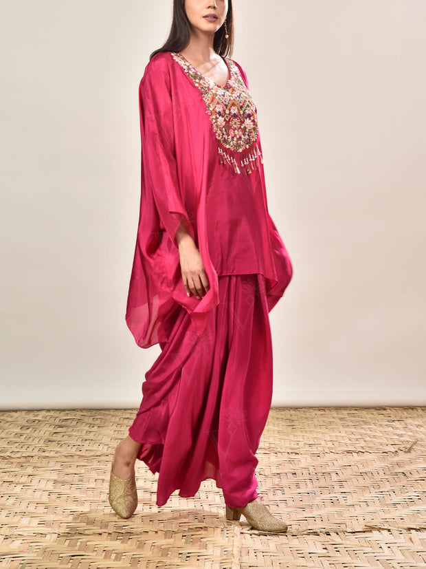 Pink Crepe Embroidered Kaftan and Drape Skirt Set