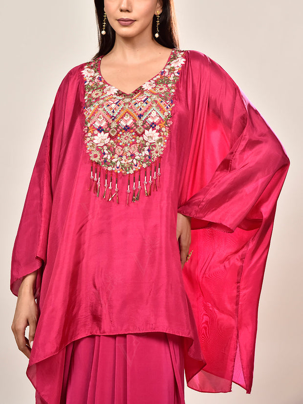 Pink Crepe Embroidered Kaftan and Drape Skirt Set