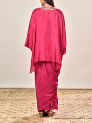 Pink Crepe Embroidered Kaftan and Drape Skirt Set