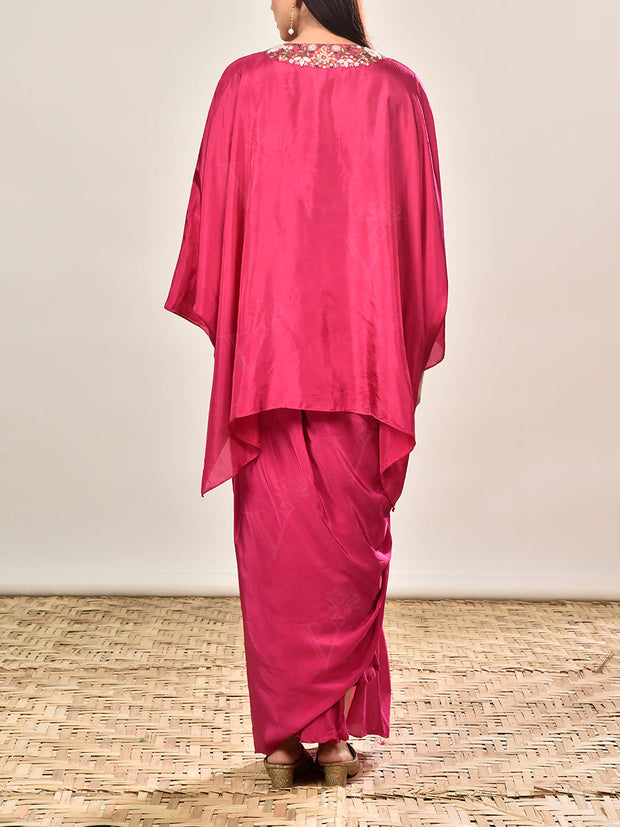 Pink Crepe Embroidered Kaftan and Drape Skirt Set
