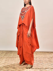 Orange Crepe Embroidered Cape and Drape Skirt Set