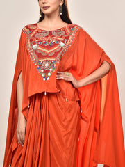 Orange Crepe Embroidered Cape and Drape Skirt Set